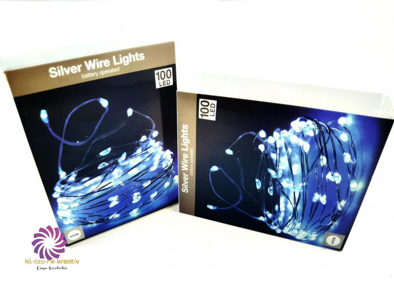 100 Led-es ezüst drótkábeles fényfüzér elemes (elem nélkül) - Hideg fehér