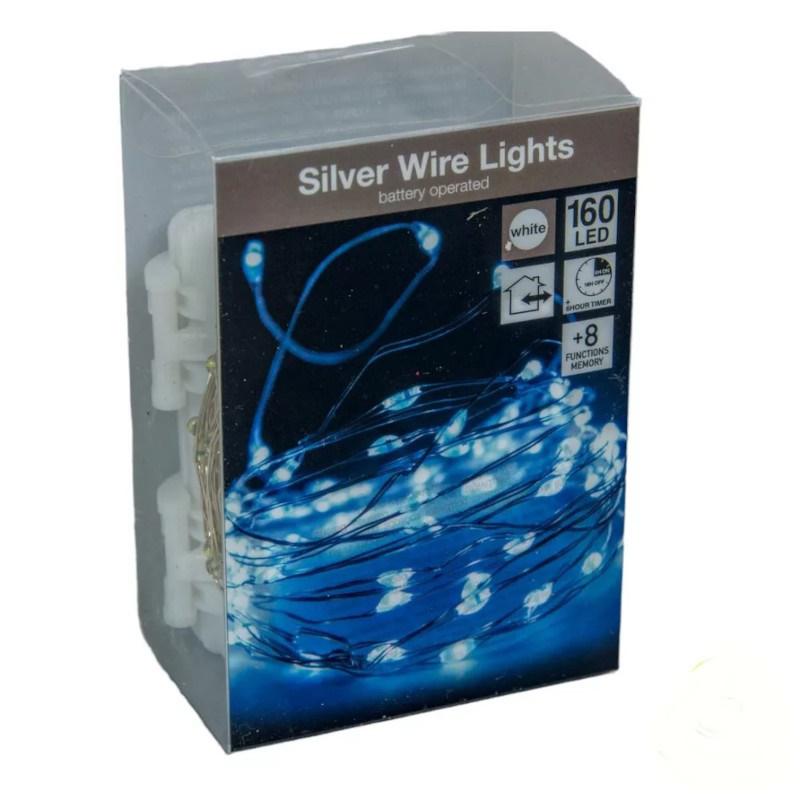 160 Led-es ezüst drótkábeles fényfüzér programos elemes (elem nélkül) - Hidegfehér