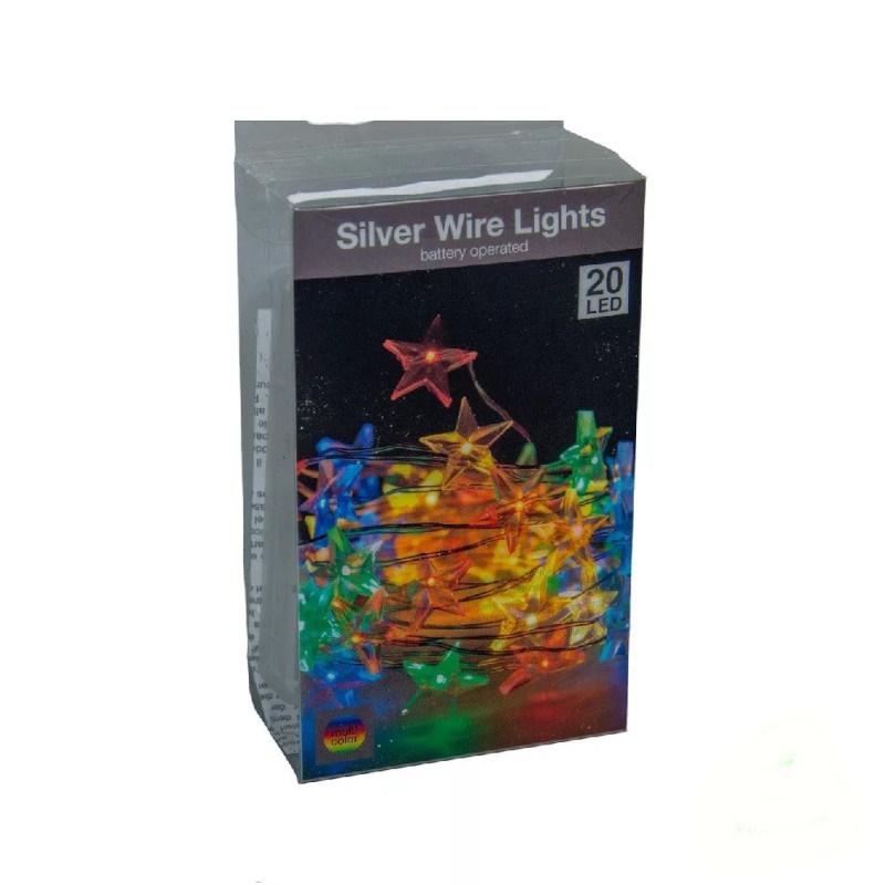20 LED-es ezüst drótkábeles csillagfüzér elemes (elem nélkül) - Színes
