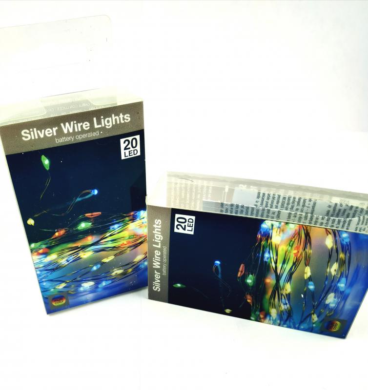 20 LED-es ezüst drótkábeles fényfüzér elemes (elem nélkül) - Színes