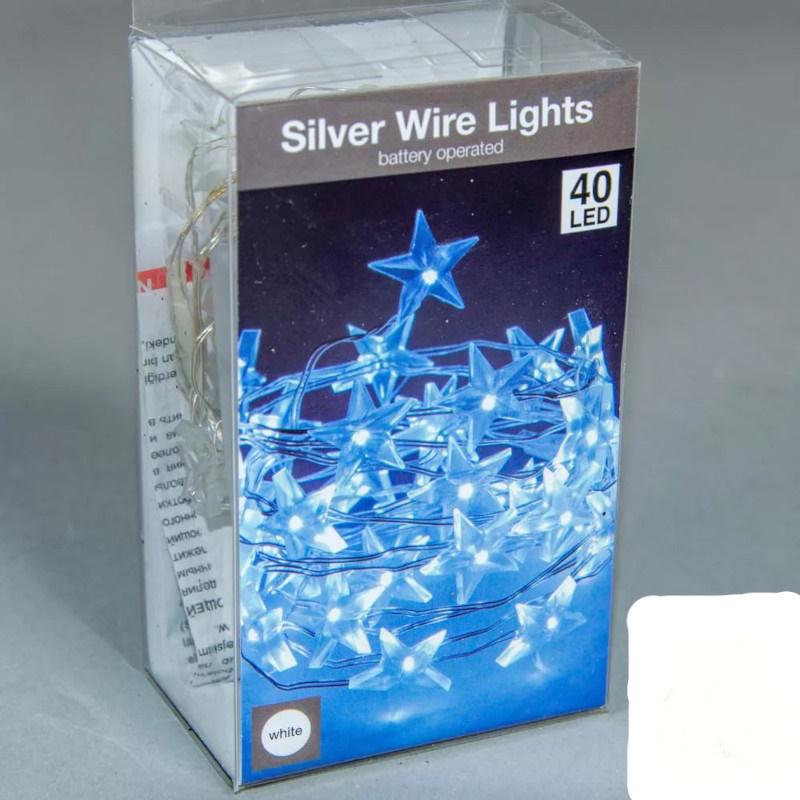 40 LED-es ezüst drótkábeles csillagfüzér elemes (elem nélkül) - Hidegehér