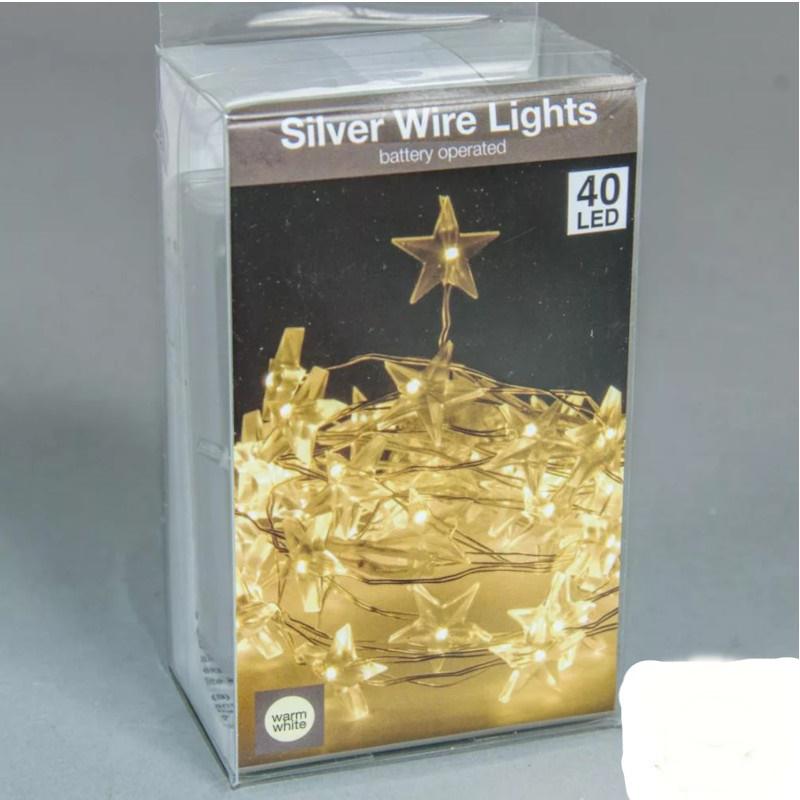 40 LED-es ezüst drótkábeles csillagfüzér elemes (elem nélkül) - Meleg Fehér