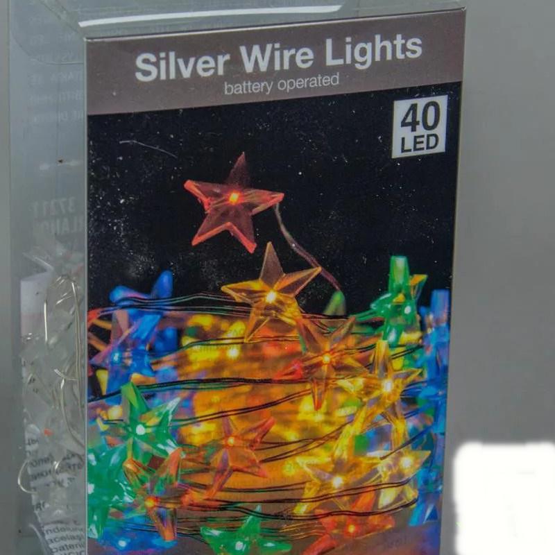 40 LED-es ezüst drótkábeles csillagfüzér elemes (elem nélkül) - Színes