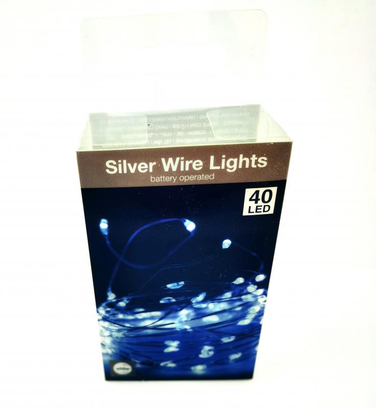 40 LED-es ezüst drótkábeles fényfüzér elemes (elem nélkül) - Hideg Fehér