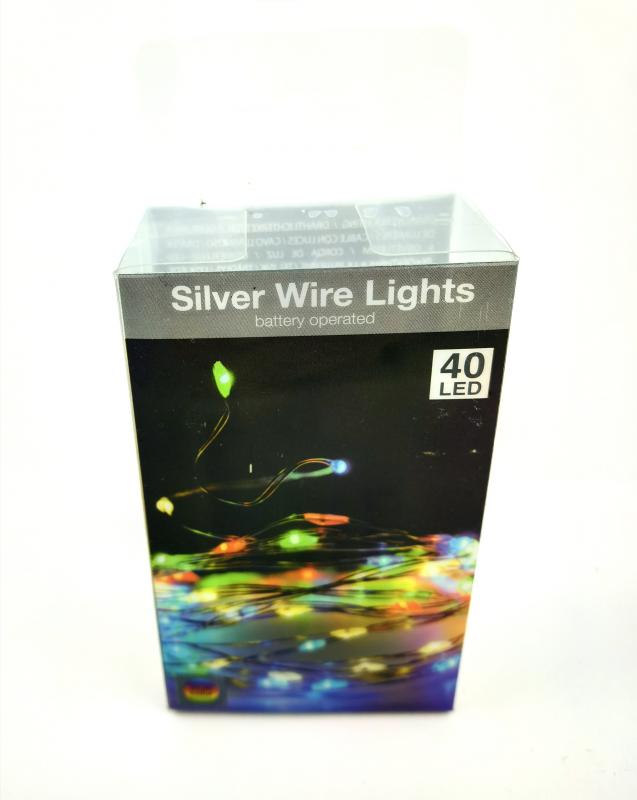 40 LED-es ezüst drótkábeles fényfüzér elemes (elem nélküli) - Színes