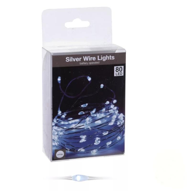 80 Led-es ezüst drótkábeles fényfüzér elemes (elem nélkül) - HIdeg fehér