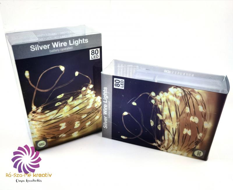 80 Led-es ezüst drótkábeles fényfüzér elemes (elem nélkül) - Meleg fehér