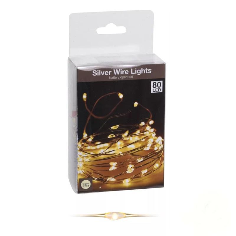 80 Led-es ezüst drótkábeles fényfüzér elemes (elem nélkül) - Meleg fehér