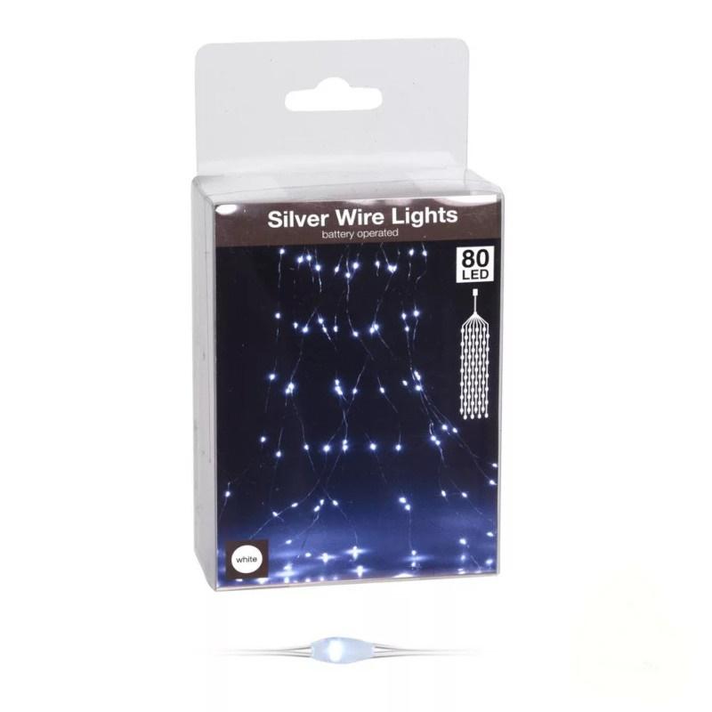 80 Led-es ezüst drótkábeles korbács elemes (elem nélkül) - Hideg fehér
