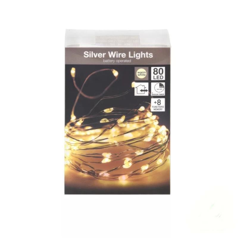 80 Led-es Ezüst drótkábeles Programos Fényfüzér Vízálló elemes (elem nélkül) - Melegfehér