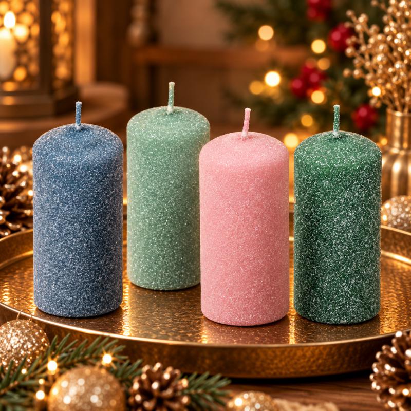 Bársony glitter henger gyertya 40×100 mm – színes és különleges árnyalatok, 4 db