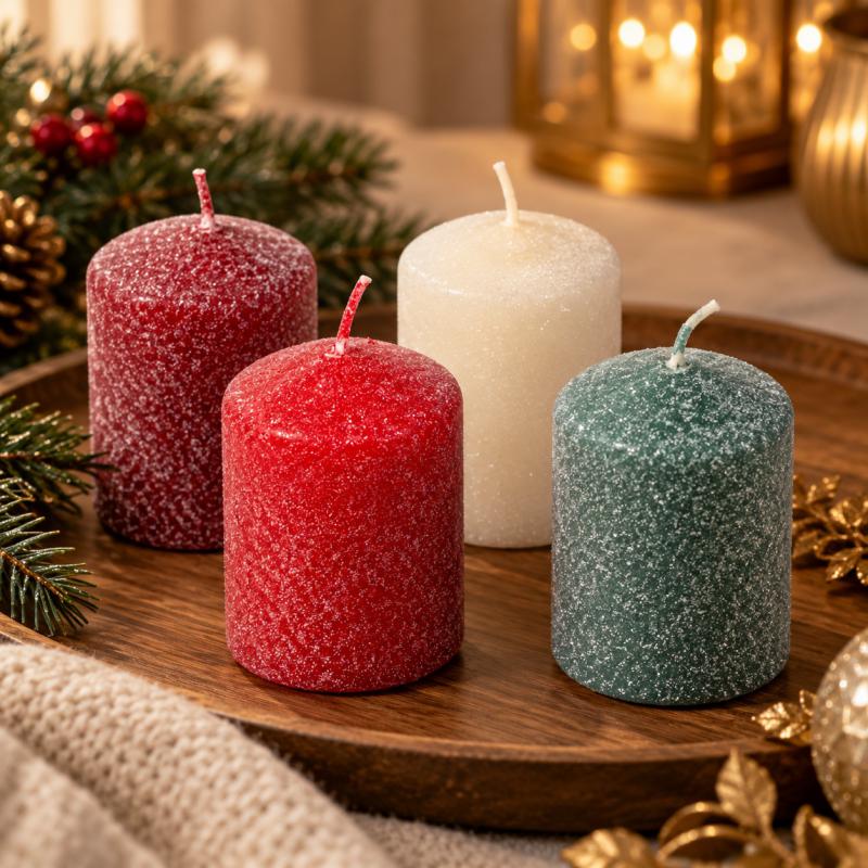 Bársony glitter henger gyertya 50×75 mm – klasszikus és ünnepi árnyalatok, 4 db