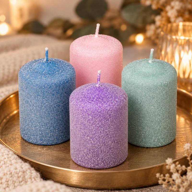 Bársony glitter henger gyertya 50×75 mm – színes és különleges árnyalatok, 4 db