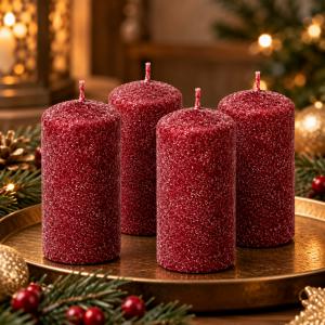 Bársony glitter henger gyertya 40×100 mm – klasszikus és ünnepi árnyalatok, 4 db
