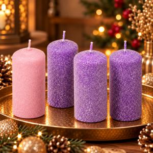 Bársony glitter henger gyertya 40×100 mm – színes és különleges árnyalatok, 4 db