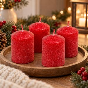 Bársony glitter henger gyertya 50×75 mm – klasszikus és ünnepi árnyalatok, 4 db