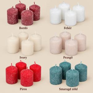 Bársony glitter henger gyertya 50×75 mm – klasszikus és ünnepi árnyalatok, 4 db