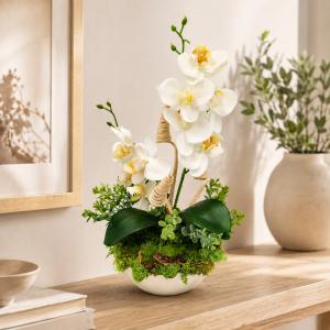 Fehér orchideás asztaldísz gyöngyházfényű tálkában