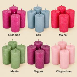 Rusztikus metál henger gyertya 50×90 mm – színes és különleges árnyalatok, 4 db