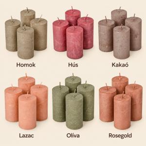 Rusztikus metál henger gyertya 50×90 mm –meleg és natúr árnyalatok, 4 db