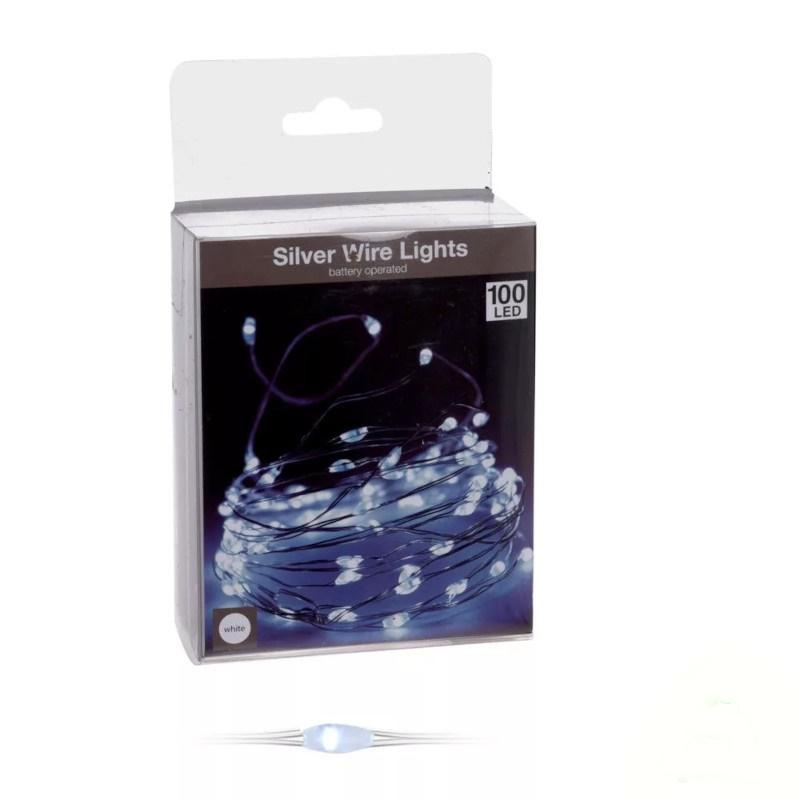 Ezüst Drótkábeles 100 ledes Fényfüzér - Hideg Fehér