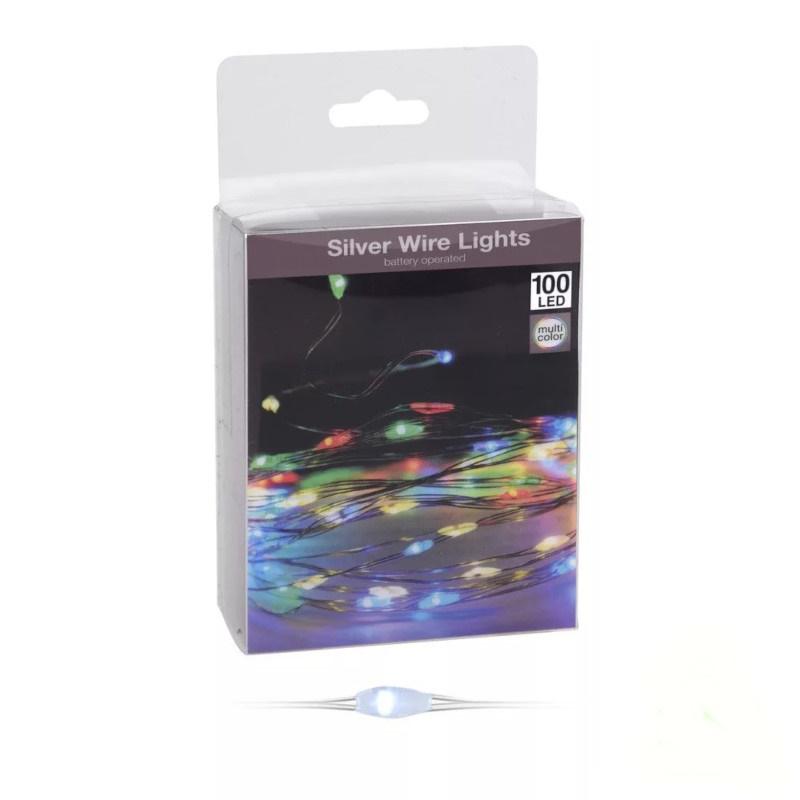 Ezüst Drótkábeles 100 ledes Fényfüzér - Színes
