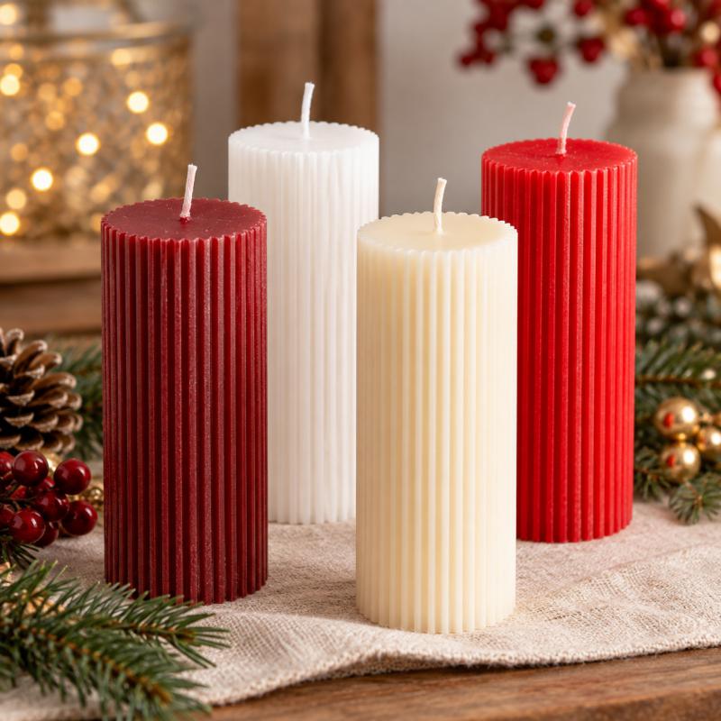 Kontúrozott bordás henger gyertya 50×150 mm – klasszikus és ünnepi árnyalatok, 4 db