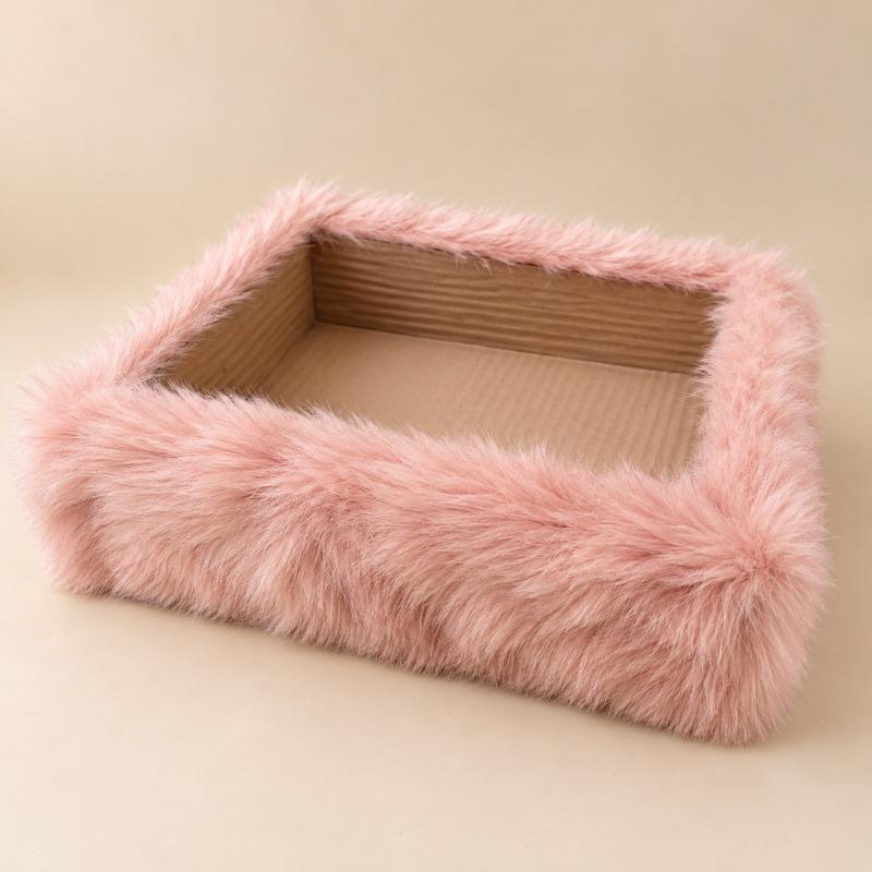 ReLioFi műszőrme szalagos box – világosbarna, rózsaszín szőrmével, 22 × 21 × 7 cm