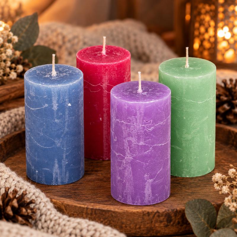 Rusztikus henger gyertya 50×90 mm – színes és különleges árnyalatok, 4 db