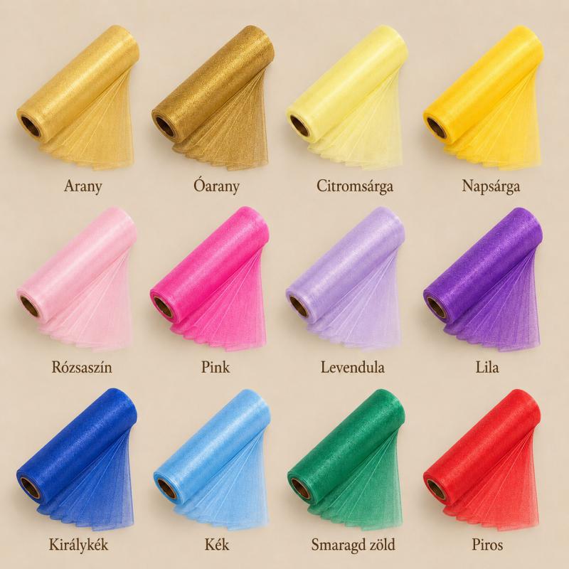Szegély nélküli organza tekercs 12 cm × 10 m – élénk és színes árnyalatok