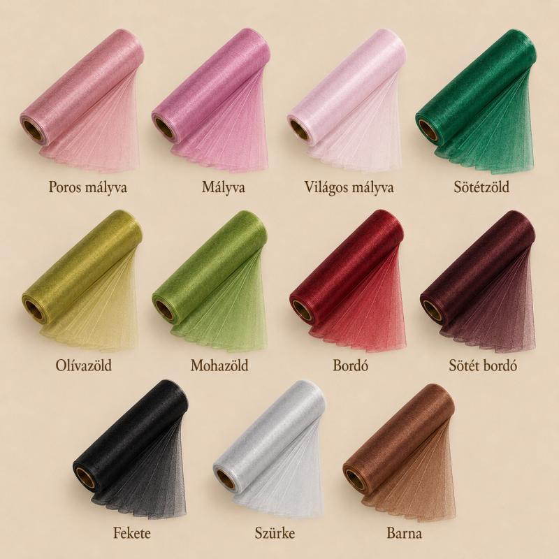 Szegély nélküli organza tekercs 12 cm × 10 m – mély és természetes árnyalatok
