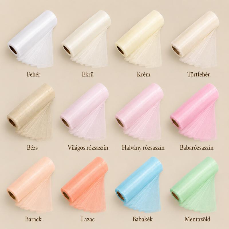 Szegély nélküli organza tekercs 12 cm × 10 m – világos és pasztell árnyalatok