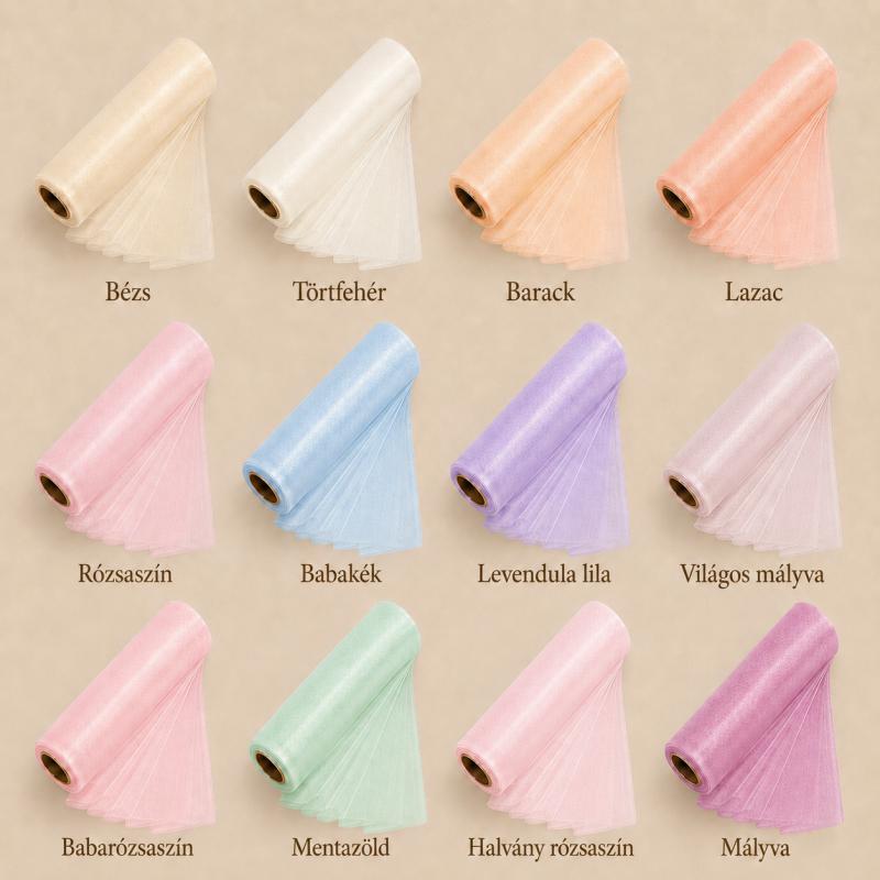 Szegély nélküli organza tekercs 15 cm × 10 m – világos és pasztell árnyalatok