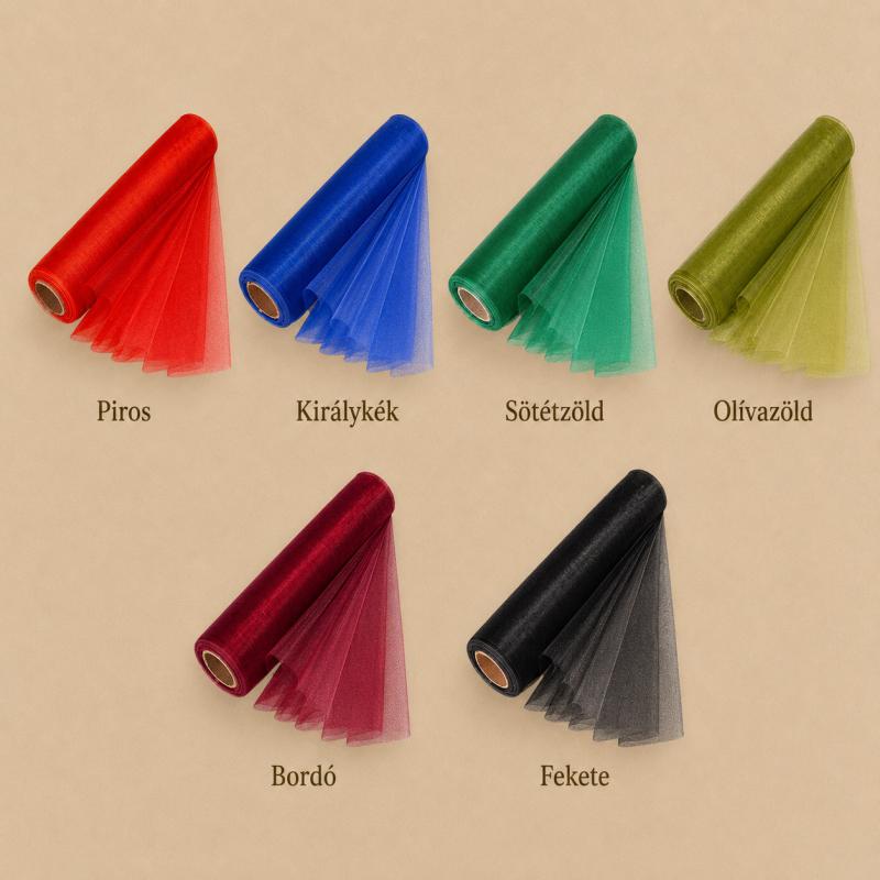 Szegély nélküli organza tekercs 24 cm × 10 m – élénk és mély árnyalatok