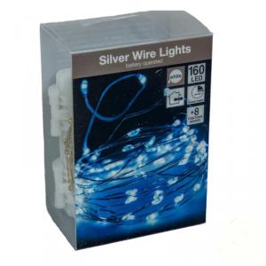 160 Led-es ezüst drótkábeles fényfüzér programos elemes (elem nélkül) - Hidegfehér