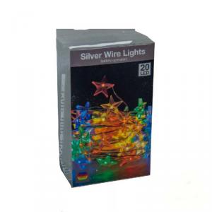 20 LED-es ezüst drótkábeles csillagfüzér elemes (elem nélkül) - Színes