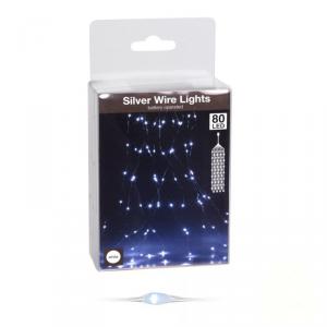80 Led-es ezüst drótkábeles korbács elemes (elem nélkül) - Hideg fehér