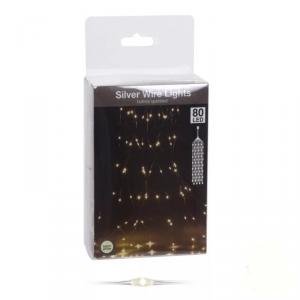 80 Led-es ezüst drótkábeles korbács elemes (elem nélkül) - Melegfehér