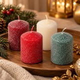 Bársony glitter henger gyertya 50×75 mm – klasszikus és ünnepi árnyalatok, 4 db