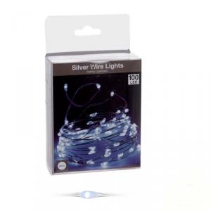 Ezüst Drótkábeles 100 ledes Fényfüzér - Hideg Fehér
