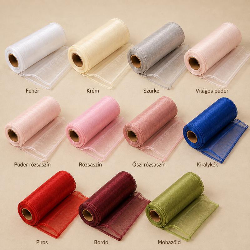 Varrott szegélyű organza tekercs – 20 cm × 8,2 m
