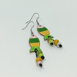 Halacska - zöld-sárga  tűzzománc fülbevaló