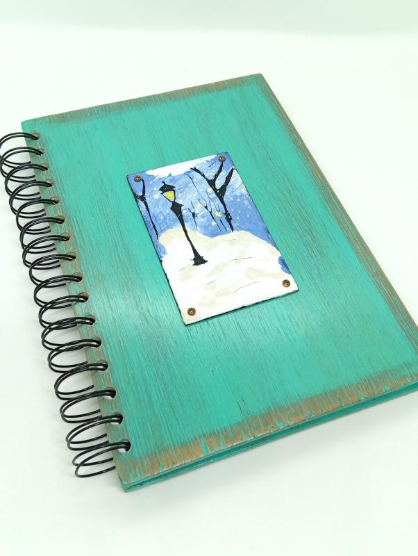 Fa könyv-tűzzománc- téli táj lámpással