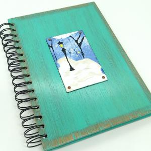 Fa könyv-tűzzománc- téli táj lámpással