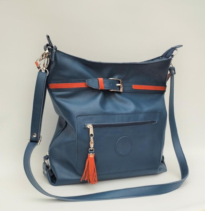 Farmerkék-konyakbarna bőr válltáska Gondola 005 M Plus