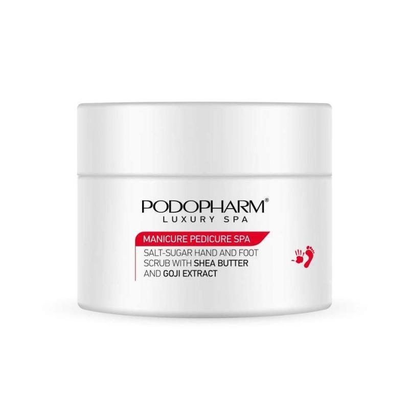 PodoPharm MANICURE PEDICURE SPA Só-cukor peeling kézre és lábra shea vajjal és gojival 300g