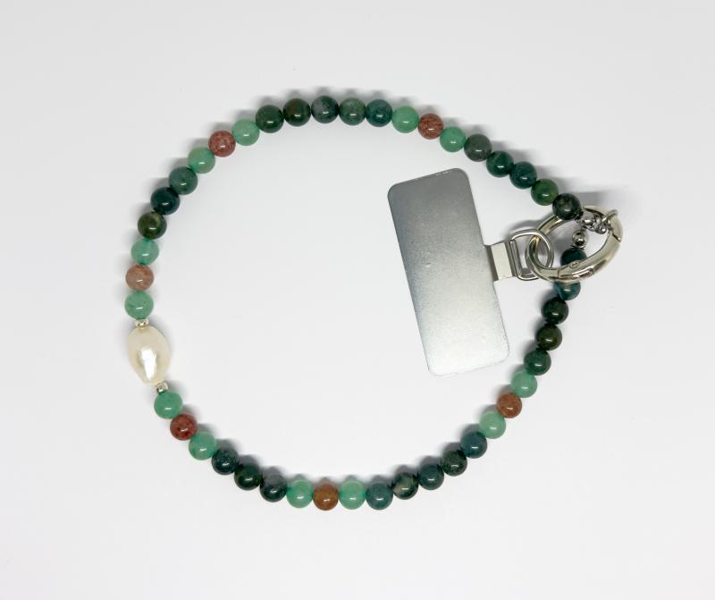 Mohaachát-Eperkvarc-Aventurin-Tenyésztett gyöngy telefontartó lánc