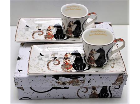 Cica mintás kávés csésze + alátét, díszdobozban