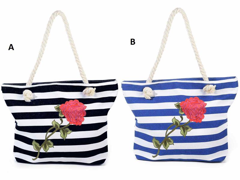 Csíkos ( matróz ) táska hímzett rózsával, kötélpánttal, 2 féle színben