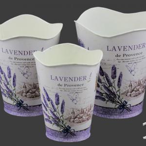 Bádog, fém hullámos kaspó szett rózsás és levendulás mintával